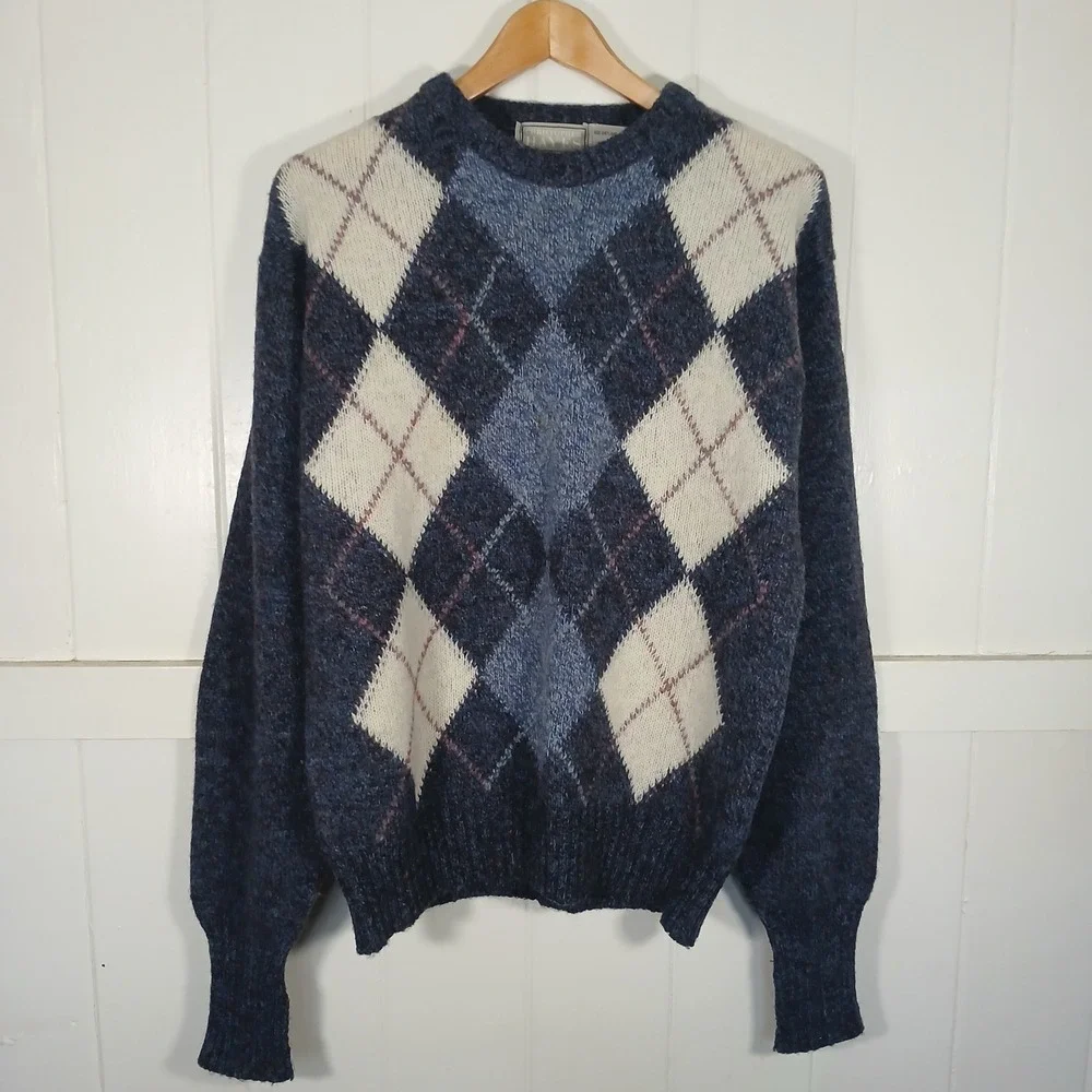 Christopher Hayes Sweater Mens M Blue Argyle‎ Shetland Wool Made in Ireland